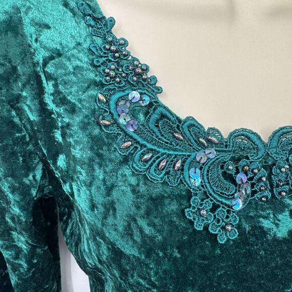 Vintage Y2K All That Jazz Forest Fairy Beaded Velvet Dress Small Green Polyester - Picture 3 of 8
